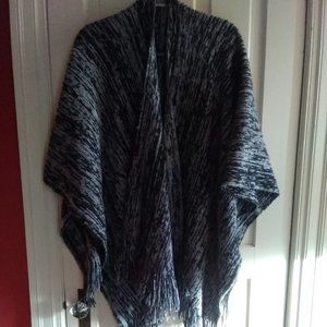 Black/White Fringed Poncho One Size